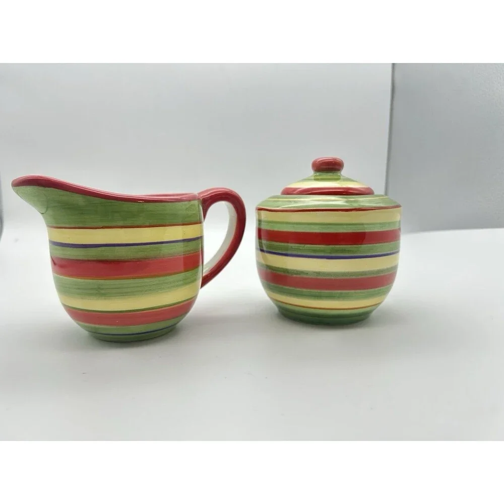 Dansk China Sugar Bowl & Lid and Creamer Tropical Swirls  Discontinued